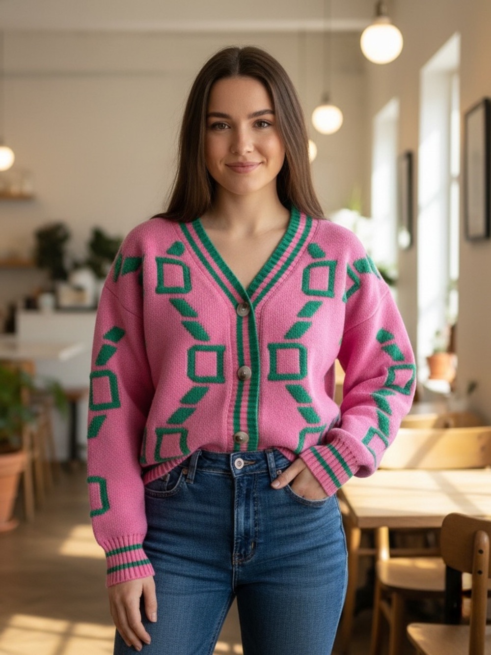 Pink Green Geometric Cardigan Sweater Women M Oversized Retro Preppy Grandpa Kni